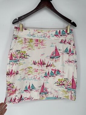 Talbots Pink Blue & White Nautical Sailboat Print Casual Stretch Skirt W Pockets